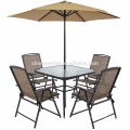 Outdoor Patio Möbel Dining Set 6 Stück mit Sonnenschirm / Sonnenschirm, Glasplatte Esstisch Set, Esstisch Set 4 Stühle